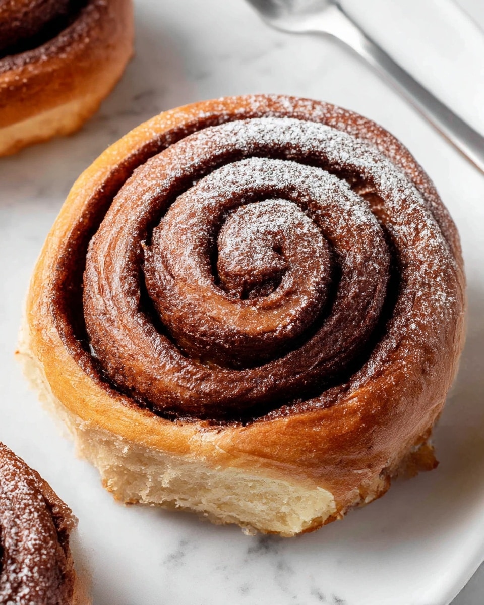 The image shows a close-up of a spiral cinnamon roll with two layers: a light brown dough layer that looks soft and fluffy, and a dark brown cinnamon sugar swirl that creates a spiral pattern from the center to the edges. The roll is dusted lightly with white powdered sugar, adding a fine texture on top. It is placed on a white marbled surface, with parts of other similar cinnamon rolls visible on each side. The photo taken with an iphone --ar 4:5 --v 7