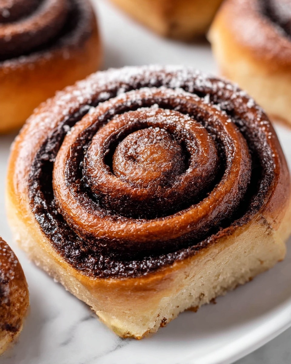 A close-up view of a spiral-shaped pastry with two visible layers, one light brown dough forming the bulk of the roll and a dark black filling swirling evenly from the center to the edges; the surface is sprinkled lightly with white powdered sugar, giving a soft texture to the top. The pastry is placed closely among similar pieces on a white marbled texture. Photo taken with an iphone --ar 4:5 --v 7