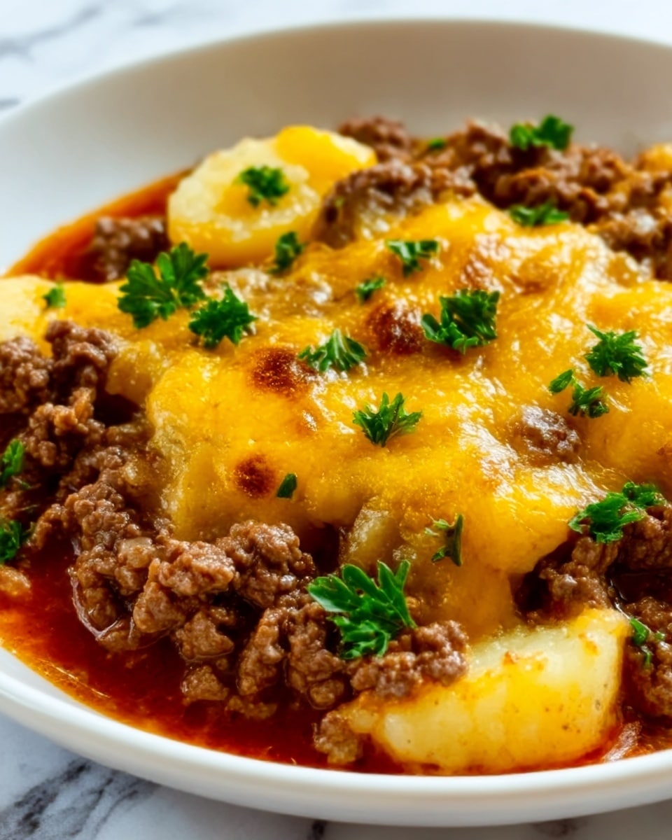 A close-up view of a white plate showing a layered dish with melted bright yellow cheese on top, sprinkled with small green parsley leaves. Below the cheese, there are visible layers of browned ground beef mixed with a red sauce, and underneath that, slices of light-colored potatoes with a soft texture. The colors contrast well with the white marbled surface under the plate. photo taken with an iphone --ar 4:5 --v 7