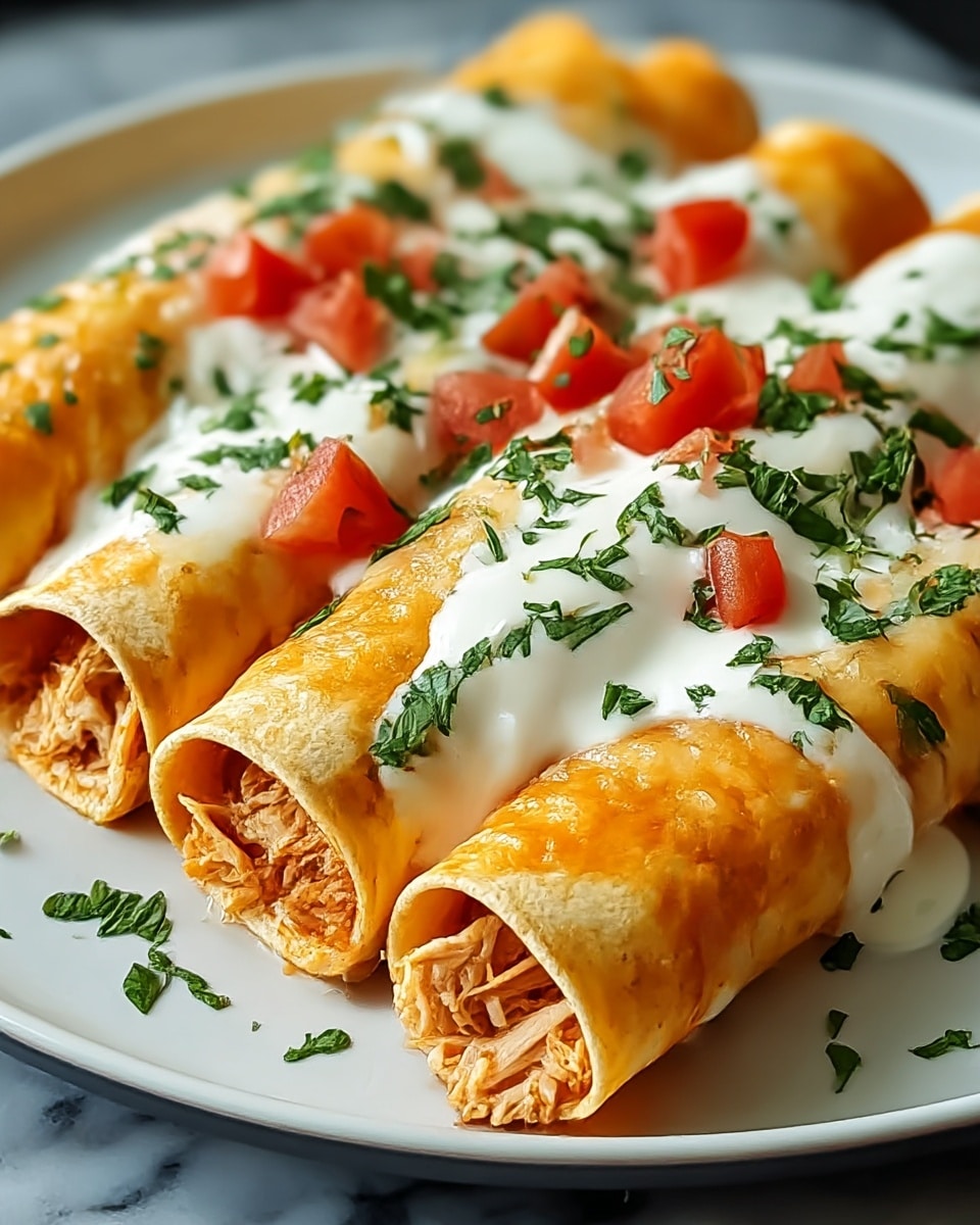 Four rolled enchiladas tightly filled with shredded chicken, covered with creamy white cheese sauce that slightly drips down the sides, topped with small diced red tomatoes and chopped green herbs scattered evenly over them, all placed closely together on a white plate with a smooth finish on a white marbled texture surface in the background, showing a warm and inviting texture on the enchilada skin and a slight golden brown color on the edges. Photo taken with an iphone --ar 4:5 --v 7