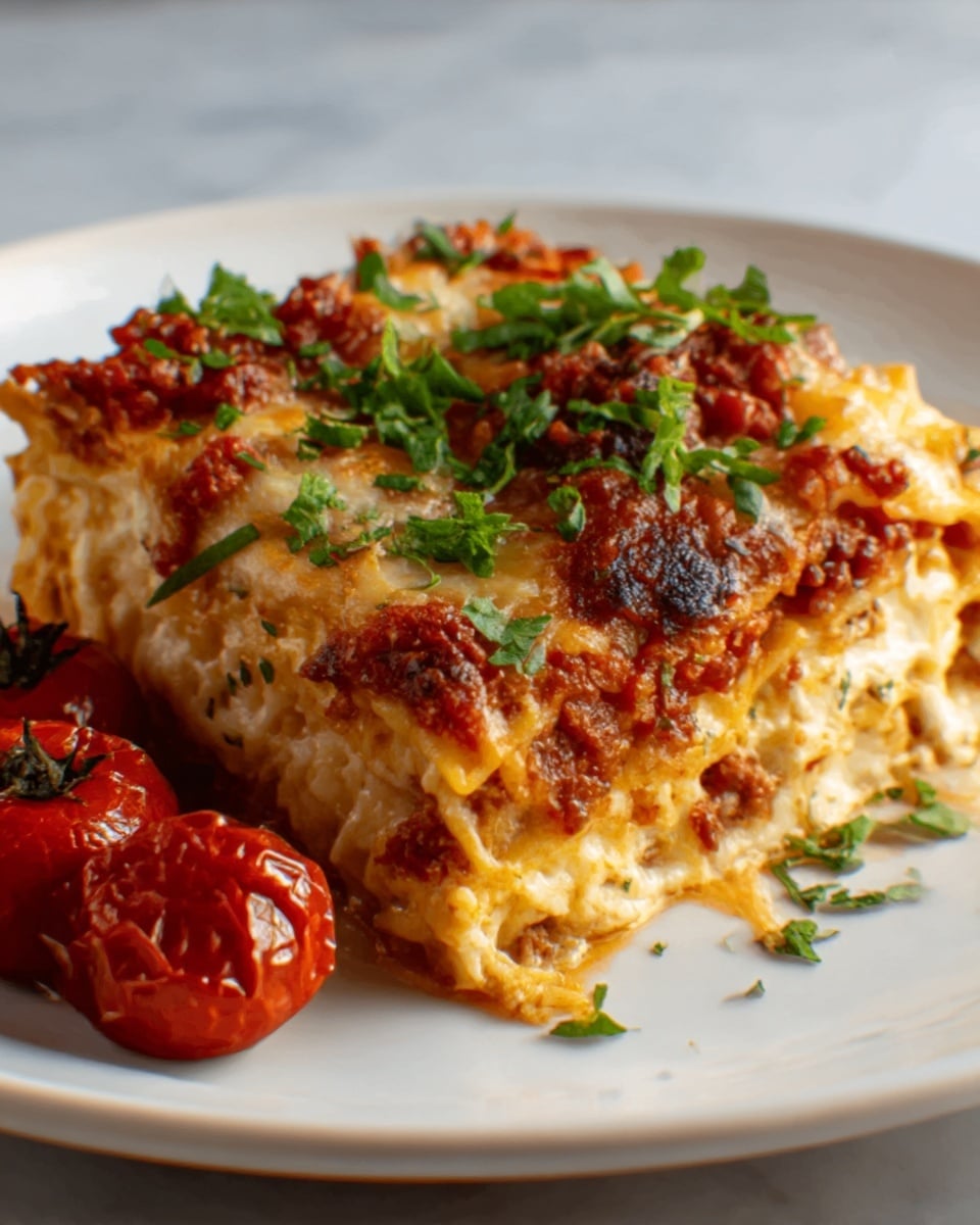 A slice of lasagna is served on a white plate, showing several layers of pasta, creamy cheese, and rich meat sauce with a reddish-brown color and a slightly crispy top layer. The edges of the lasagna have a golden-brown baked texture, and a few roasted cherry tomatoes with a shiny red skin sit beside it. Fresh green herbs garnish the top, adding a pop of color. The plate rests on a white marbled surface. Photo taken with an iphone --ar 4:5 --v 7