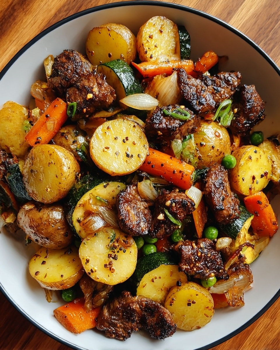 A close-up top view of a dish in a white bowl filled with stir-fried ingredients. The bowl holds three main layers: the first layer is a mix of sautéed round yellow and pale potato slices with a slightly shiny texture; the second layer is bright orange and green vegetables including carrots and zucchini pieces, some charred at edges; the third layer is dark brown, well-seared chunks of meat scattered evenly on top, mixed with small bits of white garlic and green peas for color contrast. All ingredients have a light oily sheen and some black pepper seasoning visible. The bowl is placed on a wooden surface. photo taken with an iphone --ar 4:5 --v 7