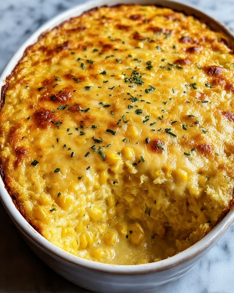 The image shows a close-up of creamy corn casserole in a white oval baking dish on a white marbled surface. The dish has a thick layer of golden yellow corn kernels mixed with melted white cheese, creating a bubbly and gooey texture across the top. Small green herb pieces are sprinkled over the surface, adding color contrast. One side of the casserole has a scoop taken out, revealing the creamy, chunky interior filled with soft corn and cheese layers. The edges are slightly browned, showing it was baked to a golden finish. photo taken with an iphone --ar 4:5 --v 7