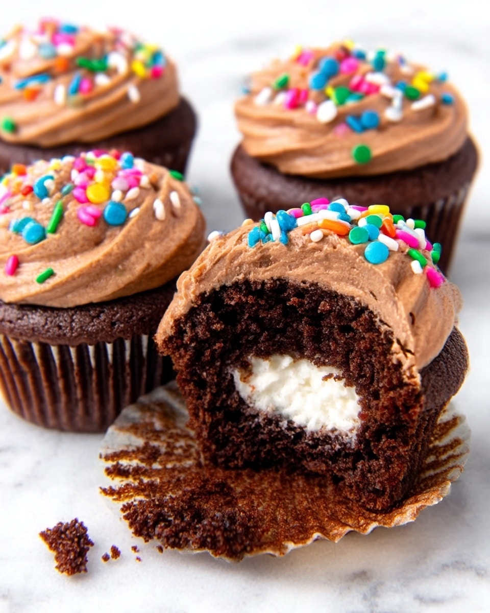 Three chocolate cupcakes sit on a white marbled surface, each topped with a thick layer of smooth chocolate frosting decorated with colorful round sprinkles. The closest cupcake is split open to show a creamy white filling inside its dark, moist cake center. Small crumbs lay scattered near this cupcake, emphasizing its soft texture. The frosting appears slightly glossy and fluffy, creating a rich contrast with the cake. photo taken with an iphone --ar 4:5 --v 7