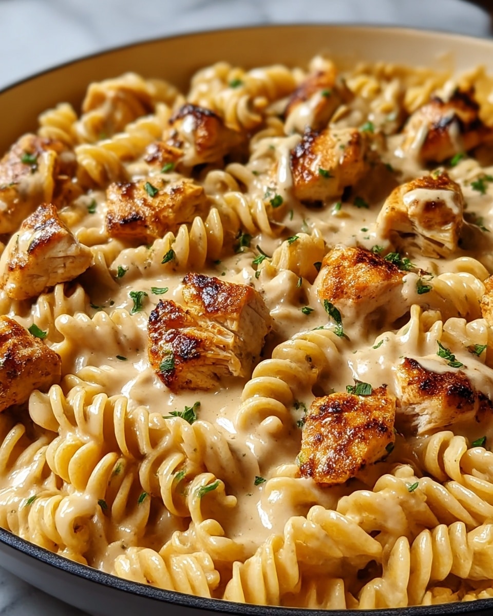 A close-up view of a creamy pasta dish with rotini noodles covered in a thick, smooth, light beige sauce. Scattered on top are medium-sized pieces of grilled chicken with a golden-brown, slightly charred surface and visible black pepper seasoning. Small green parsley leaves are sprinkled across the dish, adding a touch of color. The food is in a white plate with a black rim, set on a white marbled texture. photo taken with an iphone --ar 4:5 --v 7