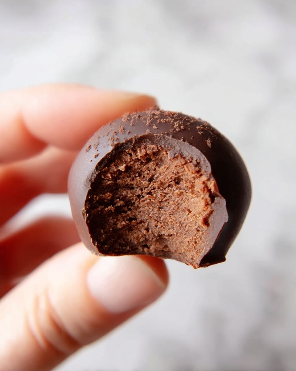 A close-up of a small, round chocolate truffle held between a woman's fingers. The truffle has two visible layers: a smooth, shiny dark chocolate outer coating with tiny bits of chocolate sprinkled on top, and a creamy, dense, slightly crumbly chocolate filling inside. The bite mark reveals the textured interior contrasting with the glossy exterior. The background is a soft, white marbled surface, keeping the focus on the truffle. Photo taken with an iphone --ar 4:5 --v 7