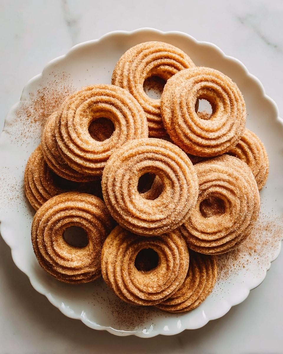 A white ceramic plate with a textured edge holds a pile of round, ridged cookies each with a hollow center, stacked loosely so some cookies are partially on top of others. The cookies have a light brown color with a dusting of cinnamon or similar spice, giving them a slightly rough and grainy texture. The plate sits on a white marbled surface, and a glass of milk is partially visible on the left side. photo taken with an iphone --ar 4:5 --v 7
