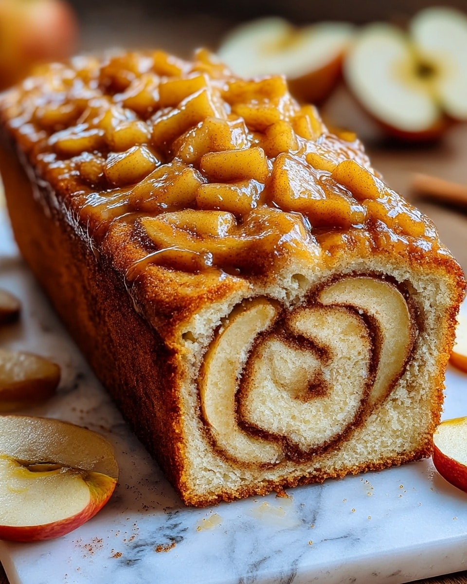 A loaf cake cut to show one piece lying flat and the rest upright on a wooden board with powdered sugar and sliced apples scattered around. The cake has three main layers: the bottom is a golden-brown crust, the middle is a soft light yellow cake with a cinnamon swirl pattern, and the top is a glossy layer of caramelized apple chunks coated in sticky cinnamon sauce. The apples are golden with specks of cinnamon, and the caramel glaze shines under warm light. The background is a white marbled texture. photo taken with an iphone --ar 4:5 --v 7