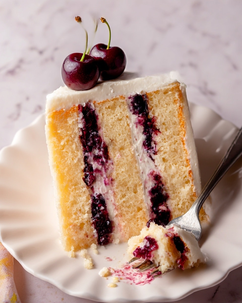 A slice of three-layer light yellow sponge cake with two layers of dark red cherry filling in the middle is placed on a white scalloped plate. The cake is topped and frosted with creamy off-white icing, and glossy dark cherries with stems rest on the top corner of the slice. A silver fork with bits of cake and cherry filling is placed at the front of the plate. The plate sits on a white marbled surface. photo taken with an iphone --ar 4:5 --v 7