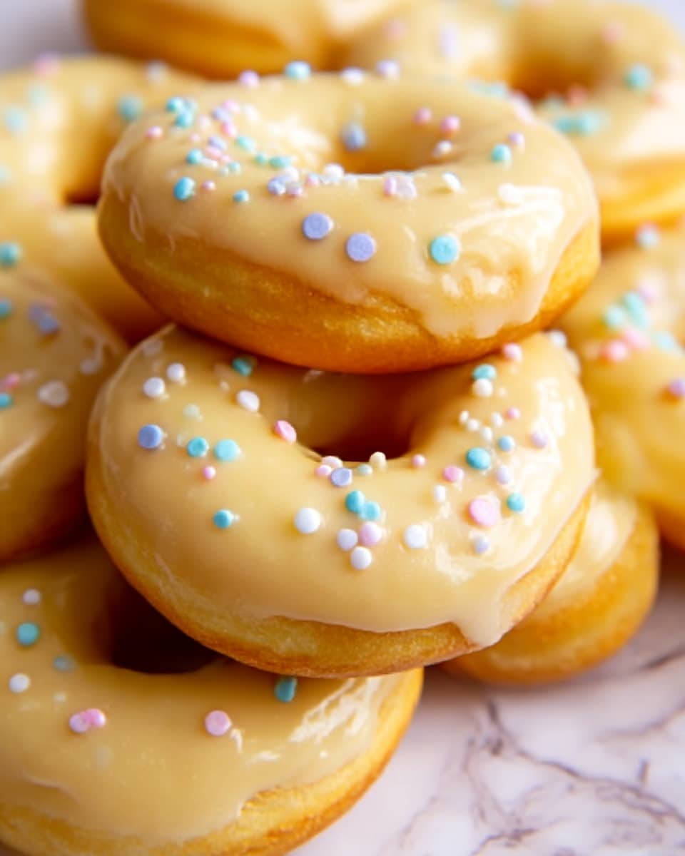 The image shows a stack of six round donuts with a hole in the middle, covered in pale yellow icing. The donuts are light golden brown, with a soft and slightly shiny texture. Each donut is topped with small pastel-colored round sprinkles in blue, purple, and pink. The donuts are placed on a flat white marble surface with soft gray veins. One donut is stacked slightly on top of the others in the center, creating a small pile. The overall look is bright and inviting, with soft lighting highlighting the smooth glaze and the matte donut edges. Photo taken with an iphone --ar 4:5 --v 7