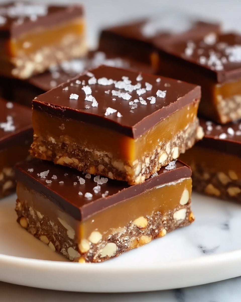 The image shows thick, square dessert bars stacked on a white plate placed on a white marbled surface. Each bar has three clear layers: the bottom layer is a dense and crunchy nut and oat base with visible whole nuts and oats in light brown and cream colors, the middle layer is a smooth, shiny caramel in a rich golden amber color that looks sticky, and the top layer is a dark brown, glossy chocolate ganache sprinkled with coarse white salt crystals. The bars are close-up, emphasizing the glossy textures and distinct layers. Photo taken with an iphone --ar 4:5 --v 7