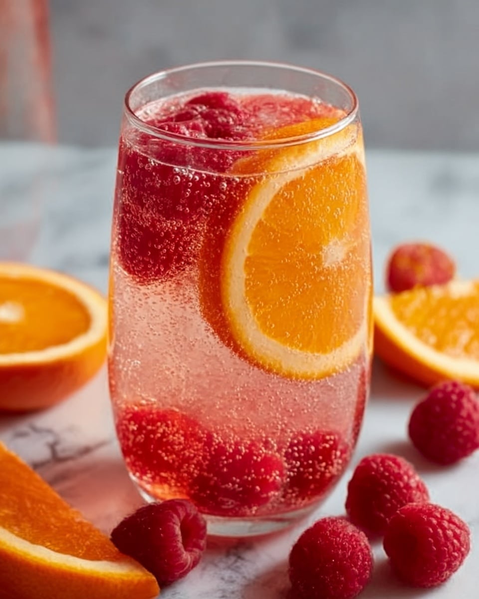 A clear glass filled with a sparkling pink drink shows layers of orange slices and bright red raspberries floating inside. The glass is full of tiny bubbles rising around the fruit, creating a fresh and lively look. In the background, there are more raspberries and orange slices on a white marbled surface. The light shines softly, highlighting the juicy texture of the fruit and the fizzy bubbles in the drink. photo taken with an iphone --ar 4:5 --v 7