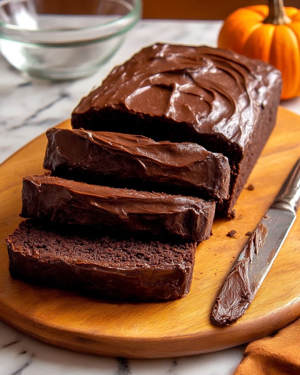 The image shows a chocolate loaf cake sliced into three thick pieces, laid out on a wooden board. Each slice has a rich, dark brown color with a glossy, smooth layer of chocolate frosting on top that looks creamy and thick. The top of the whole loaf is also coated evenly with this glossy chocolate frosting, showing some soft, wavy textures. To the side, there is a small knife with chocolate frosting on its blade. The background is a white marbled texture with a small orange pumpkin also visible in the upper left corner. Photo taken with an iphone --ar 4:5 --v 7