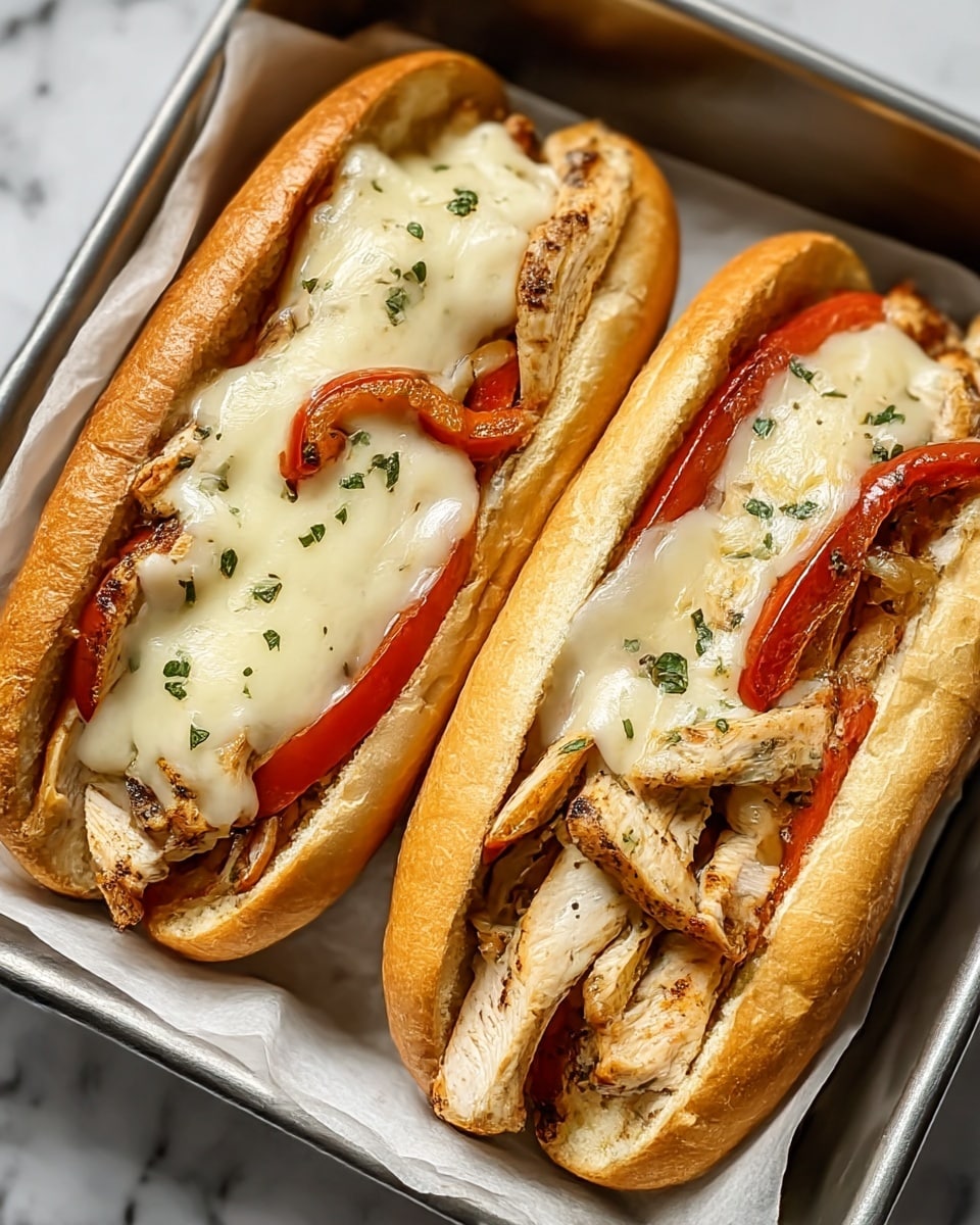 Two sandwich rolls filled each with layers of cooked chicken strips, sautéed red bell peppers, and onions, topped with melted light yellow cheese sprinkled with small green herb pieces, all sitting in a dark tray on a white marbled surface. Photo taken with an iphone --ar 4:5 --v 7