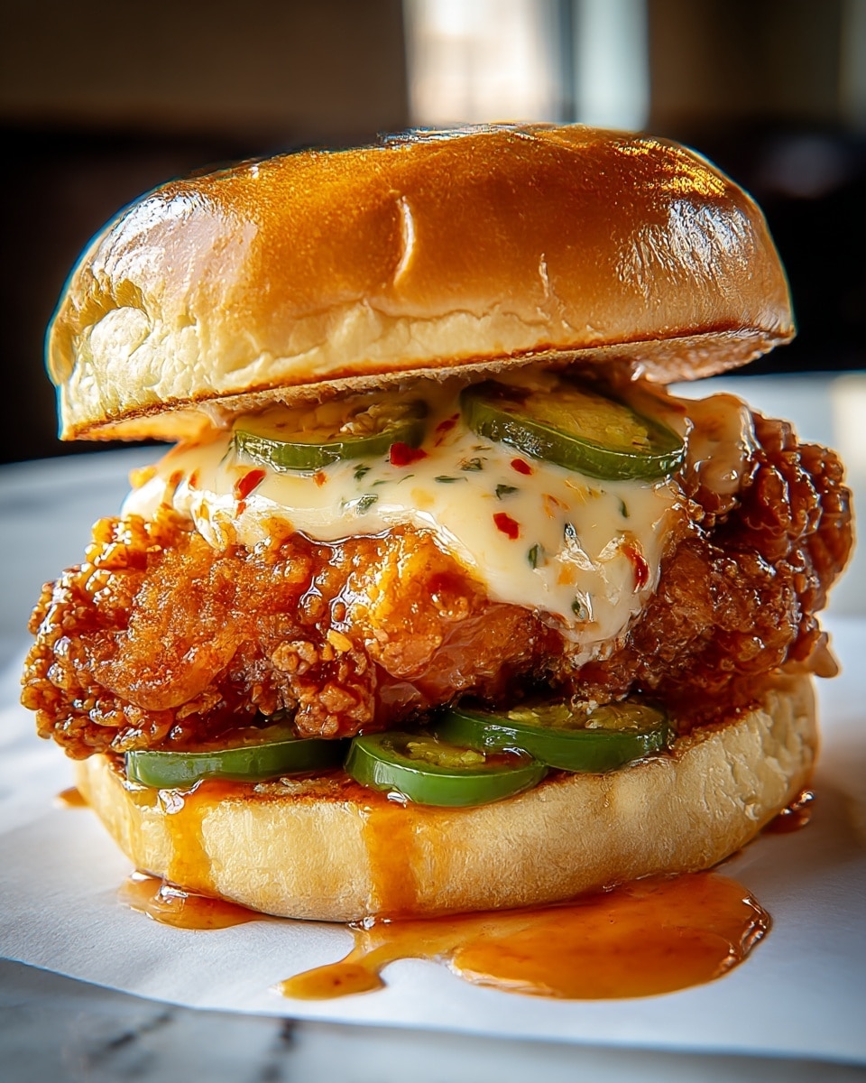 The image shows a close-up of a fried chicken sandwich on a white soft bun. The sandwich has three main layers: a bottom bun layer topped with green jalapeño slices, then a crispy, golden-brown fried chicken piece coated with a shiny glaze, and above that a thick layer of creamy sauce with herbs and red pepper flakes dripping slightly over the chicken. The top bun looks soft and slightly toasted, catching light on its smooth surface. Some sauce and glaze drip over the edge of the bottom bun, resting on white paper over a white marbled tabletop. photo taken with an iphone --ar 4:5 --v 7