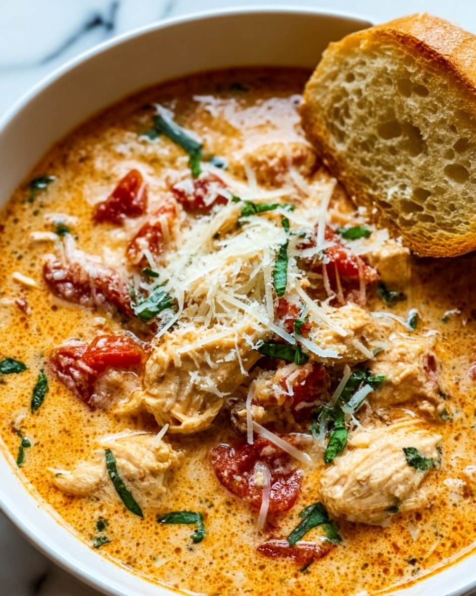 The dish shows a creamy soup in a white bowl placed on a white marbled surface. The soup has a thick, orange color with chunks of light brown chicken scattered throughout. Bright red tomato pieces and green leafy herbs are spread on top, adding contrast. Shredded white cheese is sprinkled over the soup, melting slightly into the creamy texture. A slice of light brown bread with a soft crumb rests on the side of the bowl. The image is close-up, highlighting the creamy, chunky textures and vibrant colors of the ingredients. photo taken with an iphone --ar 4:5 --v 7
