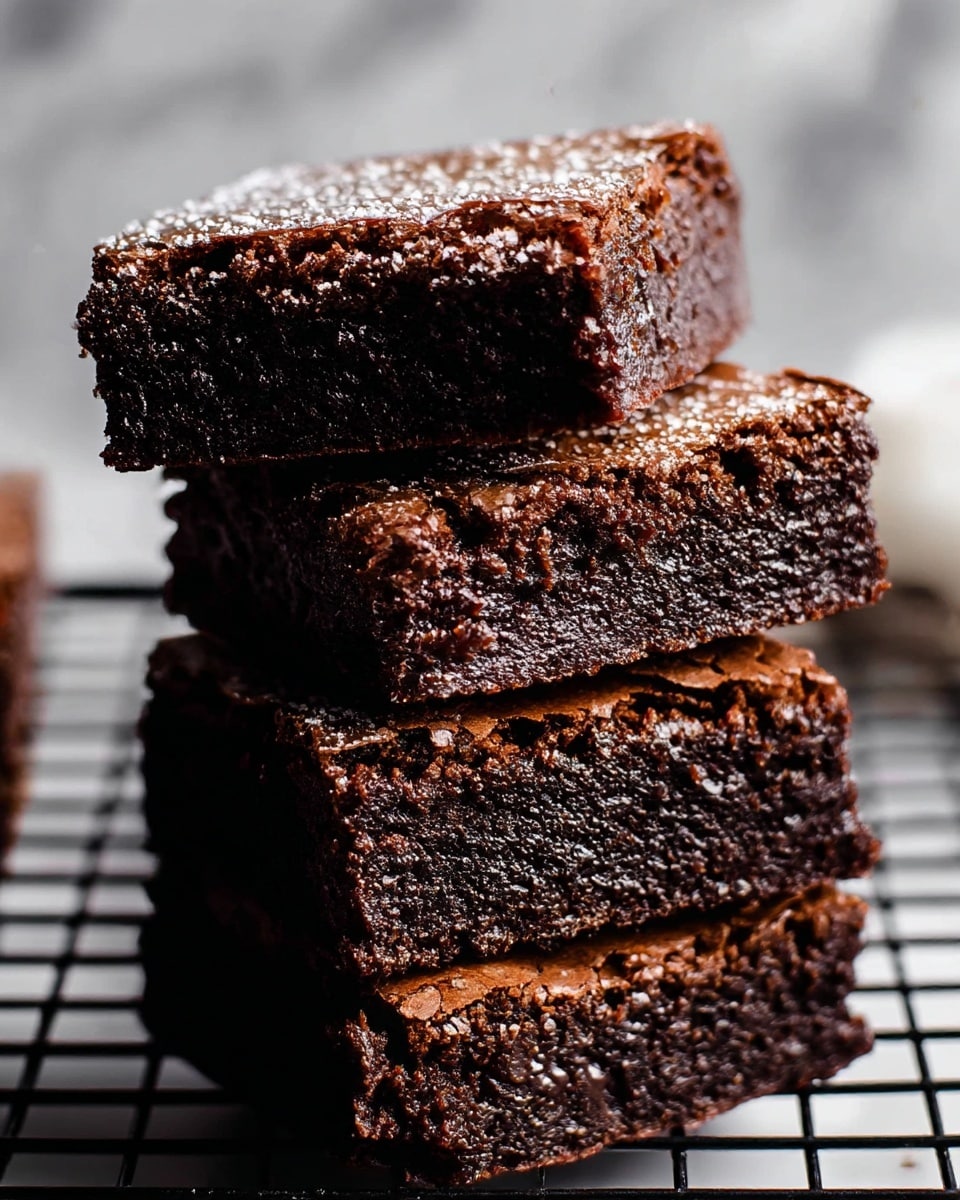 The image shows four thick, rectangular chocolate brownies stacked on top of each other, with a slightly cracked, dry top crust and a dense, moist interior that is dark brown and textured. The brownies have a light dusting of powdered sugar on top, enhancing their rich color. They are resting on a white cooling rack, which is placed over a white marbled surface visible in the blurred background. The focus is tight on the brownies, showing the contrast between the crunchy top and the fudgy inside. photo taken with an iphone --ar 4:5 --v 7