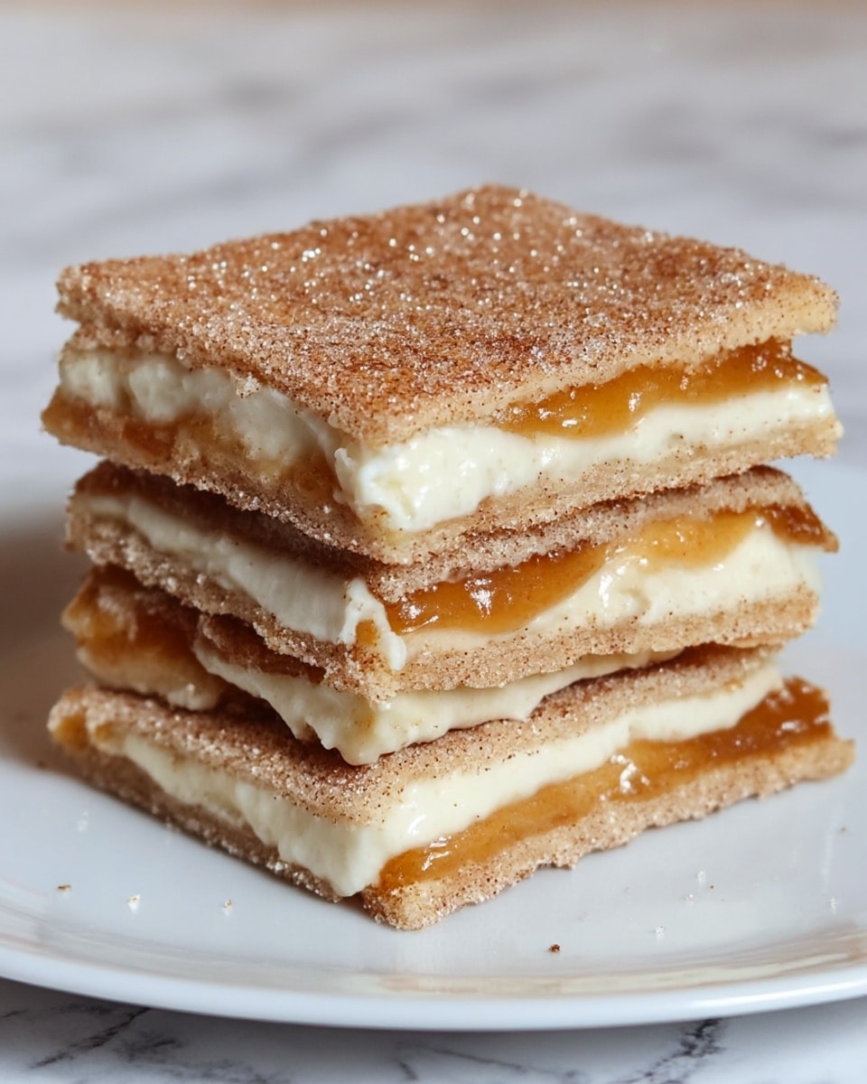 A stack of four square flat layers, each separated by a creamy white layer with a smooth texture. The top and bottom layers have a light brown color, sprinkled with a mix of white granulated sugar and darker cinnamon powder. Between these layers, there are golden brown caramel-like fillings that look sticky and soft. The layers appear thin and slightly crisp with some folds showing. The dish is placed on a white plate set on a white marbled texture surface. photo taken with an iphone --ar 4:5 --v 7