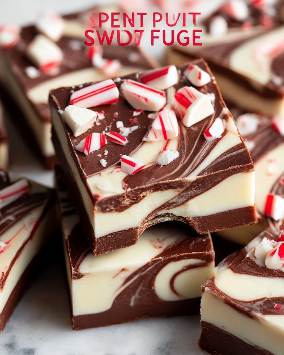 The image shows a close-up of several square pieces of peppermint swirl fudge. Each piece has two visible layers with a smooth texture: a creamy white layer swirled thickly with a rich dark brown chocolate layer, creating a marbled effect throughout. The top layer is dark brown chocolate, decorated with chunks of white peppermint candy pieces that have red stripes, scattered unevenly. One piece is placed on top of others, with a visible bite that reveals the thick, creamy inside layers. The background is a white marbled texture. photo taken with an iphone --ar 4:5 --v 7