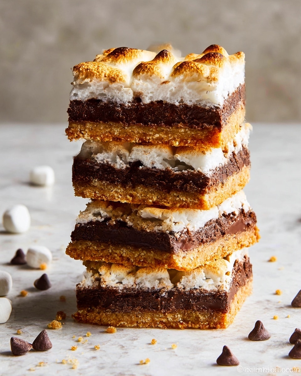 A stack of four dessert bars is shown, each with three clear layers: the bottom layer is a thick, crumbly, golden-brown crust; the middle layer is a dense, rich dark brown chocolate filling with a textured surface; the top layer is a toasted, slightly browned marshmallow topping with a puffy and uneven texture. The stack sits on a white marbled texture surface, with scattered crumbs and a few chocolate chips around it. The bars are cut cleanly, showing the distinct layers well. photo taken with an iphone --ar 4:5 --v 7