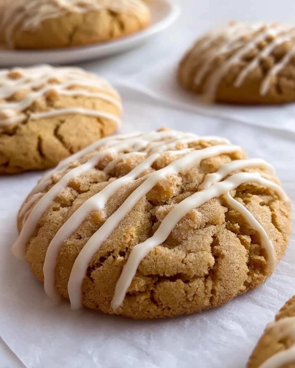 The image shows a close-up of large, soft cookies with a light brown color and a crumbly texture. The cookies are drizzled with thin lines of white icing on top, adding contrast and a bit of shine. They rest on a piece of white parchment paper that lies on a surface with a white marbled texture. Behind the main cookie, there are a couple more cookies slightly out of focus, placed on a white plate. The overall look is warm and inviting, highlighting the crunchy edges and softer, cracked center of the cookies. photo taken with an iphone --ar 4:5 --v 7