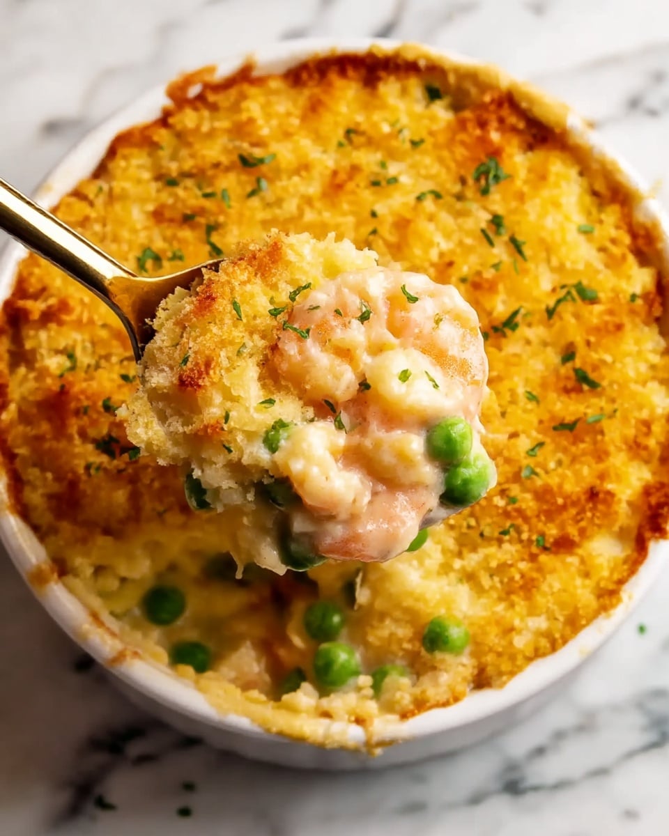 A white small round pot filled with a golden brown baked top layer that looks crispy and sprinkled with tiny green herbs. Under the top layer, there is a creamy mix showing bright orange carrot pieces, vibrant green peas, and pink shrimp covered in a thick sauce. A spoon is lifting a scoop from the pot, showing the same creamy, cheesy inside with the vegetables and shrimp. The pot is placed on a white marbled surface. photo taken with an iphone --ar 4:5 --v 7