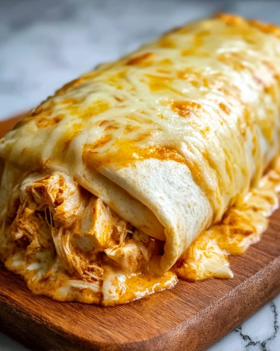 A close-up of a large rectangular baked dish resting on a white marbled surface, featuring a thick layer of melted golden-brown cheese on top with slight bubbling and browning spots. Beneath the cheese, there is a visible layer of shredded chicken mixed with orange-colored sauce, soft and juicy, peeking out from the edges of the folded dough wrapping it tightly. The dough itself is light yellow and slightly crispy where it touches the baking board, creating clear layers of baked bread enclosing the cheesy chicken filling inside. Photo taken with an iphone --ar 4:5 --v 7