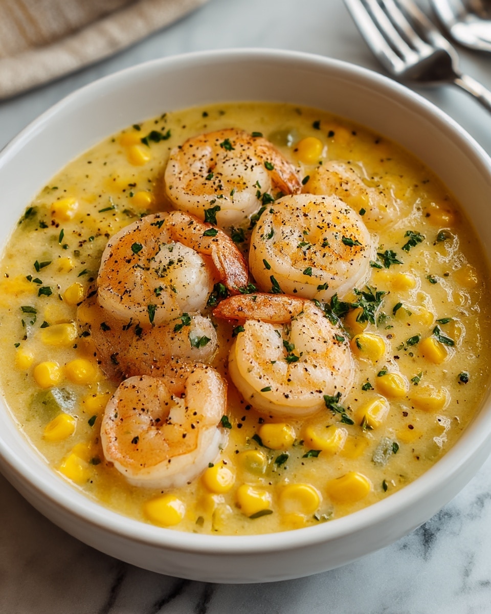 A white bowl filled with creamy shrimp and corn chowder, showing a thick, light yellow soup base dotted with small pieces of green and orange vegetables. There are five pink, cooked shrimp with a light char on top, scattered evenly in the soup. Bright yellow corn kernels float throughout the chowder, adding pops of color. The dish is sprinkled with small bits of fresh green herbs and cracked black pepper, giving a fresh and slightly textured look. The bowl sits on a white marbled surface with some silverware slightly blurred in the background. Photo taken with an iphone --ar 4:5 --v 7
