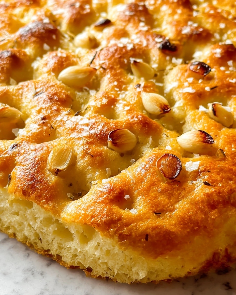 This close-up image shows a single-layer round focaccia bread with a golden-brown crispy crust on top. The bread surface is uneven with puffy, irregular patches of baked dough. Scattered on top are small, round roasted shallots or garlic cloves with dark brown, slightly charred edges. There are also small white flakes sprinkled all over, likely coarse salt or grated cheese, adding texture and contrast. The bread looks soft and airy inside with visible small holes near the center. The photo is taken against a white marbled surface. Photo taken with an iphone --ar 4:5 --v 7