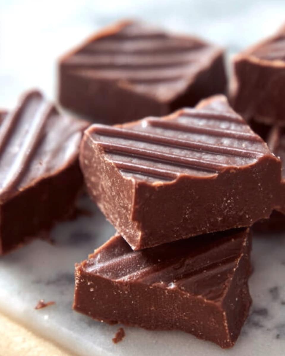 The image shows four pieces of fudge on a wooden board with a white marbled texture visible in the background. Each fudge piece has two layers; the top layer is a smooth dark brown chocolate with a ridged texture, and the bottom layer is a slightly lighter brown, denser chocolate base. The edges of the fudge look clean and slightly shiny, indicating a soft, rich texture. One piece is stacked on top of another, showing the thickness and firmness of the fudge layers. Photo taken with an iphone --ar 4:5 --v 7