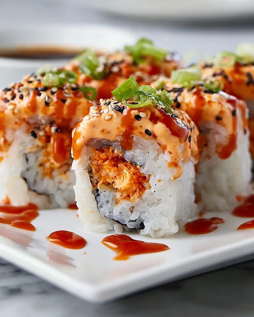 Four sushi rolls sit close together on a white plate, each roll has a base layer of white sticky rice with a thin black seaweed layer inside wrapping orange spicy filling. On top of each roll is a creamy, textured orange sauce mixed with small bits, sprinkled with black and white sesame seeds, and chopped green onions. A shiny reddish-brown sauce is drizzled over the rolls and pooled a little on the plate. The background shows a white plate blurred out on a white marbled surface. photo taken with an iphone --ar 4:5 --v 7