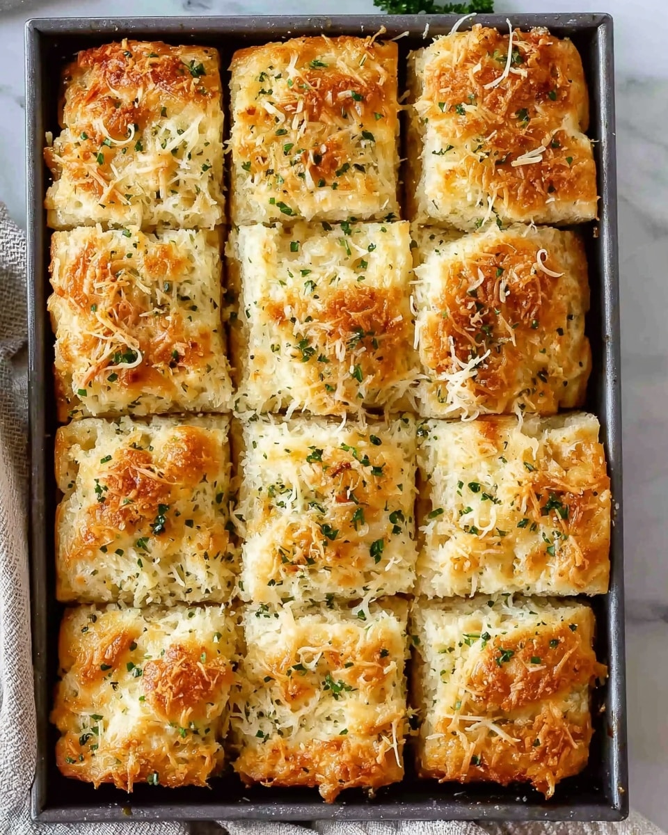 This image shows a pan of twelve square-shaped biscuits arranged in a 3 by 4 grid. Each biscuit has a golden-brown top layer with a slightly crispy texture and is speckled with small bits of green herbs and melted cheese, giving it a slightly shiny and textured surface. The biscuits are light beige under the golden top, with a soft, flaky inside visible at the cut edges. The rectangular baking pan is dark gray and rests on a white marbled surface. photo taken with an iphone --ar 4:5 --v 7