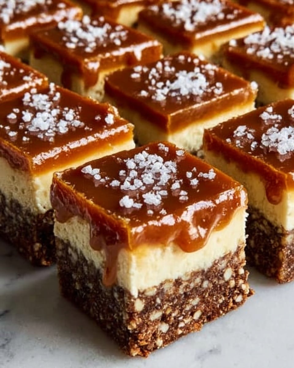 The image shows several square dessert bars arranged closely together on a white marbled surface. Each bar has three layers: a thick, dark brown crumbly base with visible bits of nuts or oats; a smooth, creamy off-white middle layer; and a glossy, rich caramel layer on top that drips slightly down the sides. The caramel layer is sprinkled with coarse white sea salt crystals that catch the light. The bars are evenly cut with clean edges, and the photo taken with an iphone --ar 4:5 --v 7