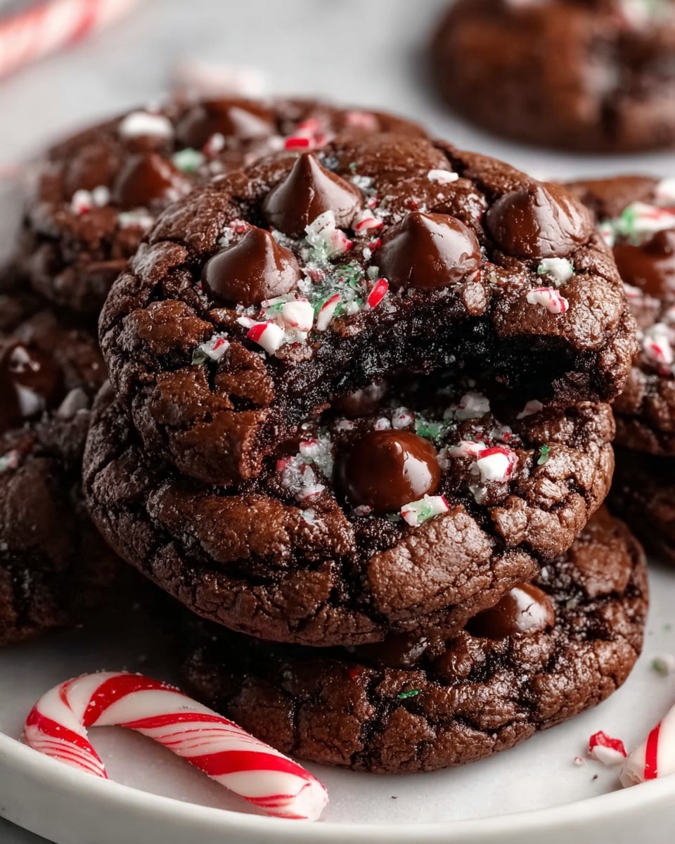A close-up view of thick, dark brown chocolate cookies with a cracked surface, each topped with glossy chocolate chips nestled into the dough and sprinkled with small pieces of white and red crushed peppermint. One cookie in the center has a large bite taken out, showing a moist, fudgy inside with a rich texture. The cookies sit on a white plate, resting on a white marbled surface, with a red and white striped candy cane in the front adding a festive touch. Photo taken with an iphone --ar 4:5 --v 7