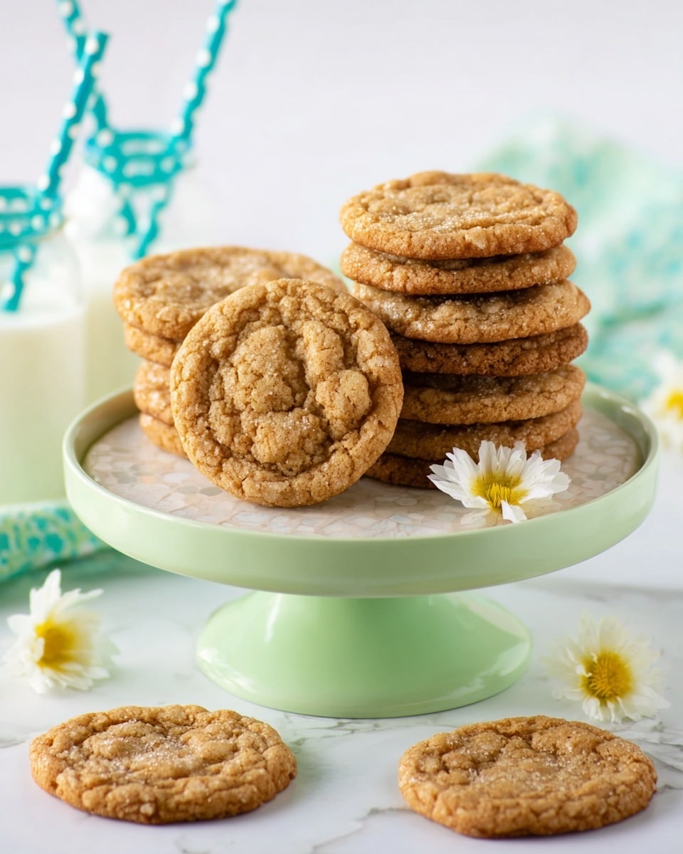 A white marbled texture holds a pale green cake stand with four stacks of golden brown cookies sprinkled lightly with sugar; two stacks have four cookies each, one has five, and one stack has three, while a single cookie lies flat in the front; to the right side of the stand, there are three small white flowers with yellow centers. Photo taken with an iphone --ar 4:5 --v 7