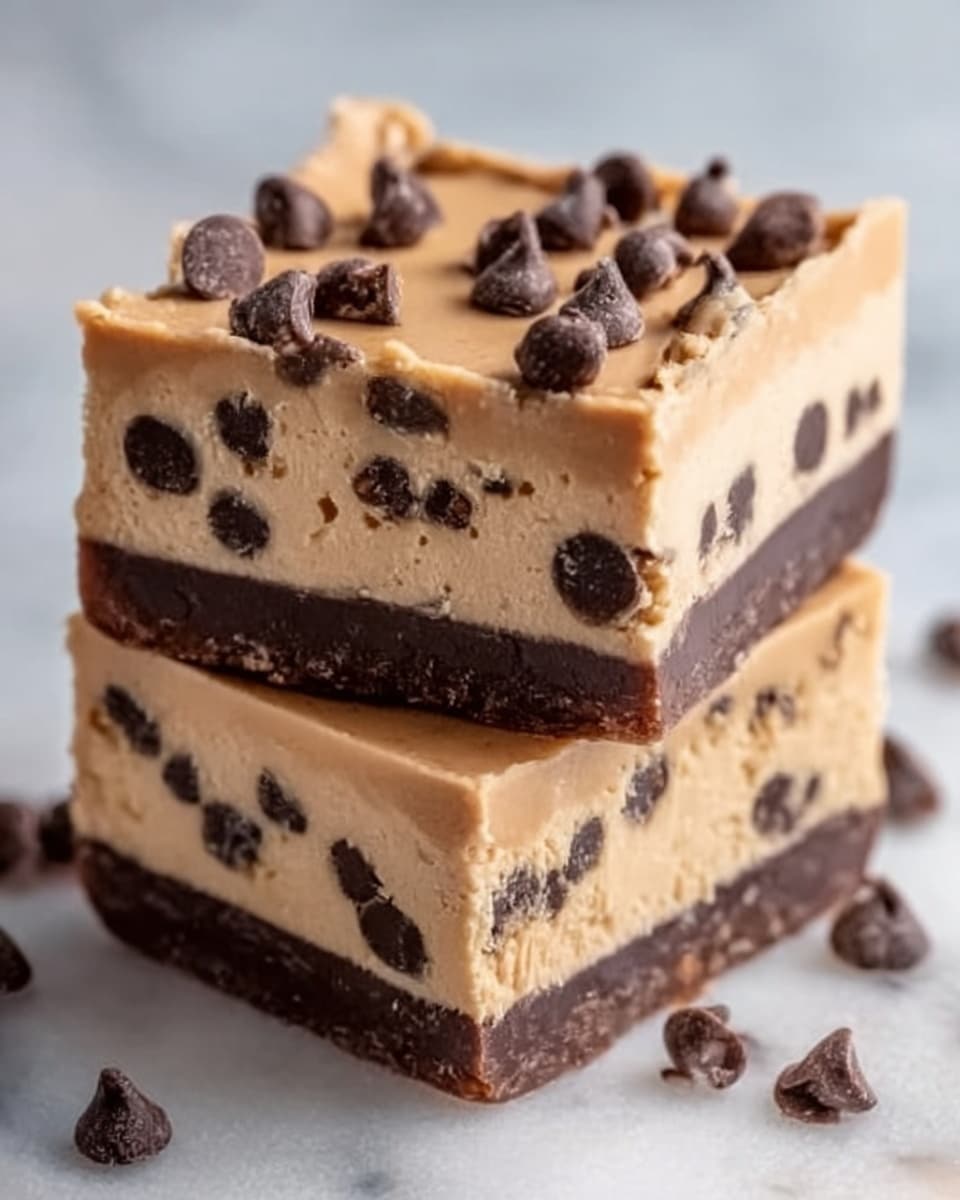 The image shows two thick layered dessert squares stacked on a white marbled surface. The bottom layer is a dark chocolate base with a smooth and slightly glossy texture, supporting a thick beige layer filled with dark chocolate chips and chunks of cookie dough throughout. On top, a creamy layer is decorated with scattered chocolate chips, adding texture and contrast. The edges of the squares are clean, showing the clear separation between the layers, and the overall look is rich, soft, and indulgent. Photo taken with an iphone --ar 4:5 --v 7