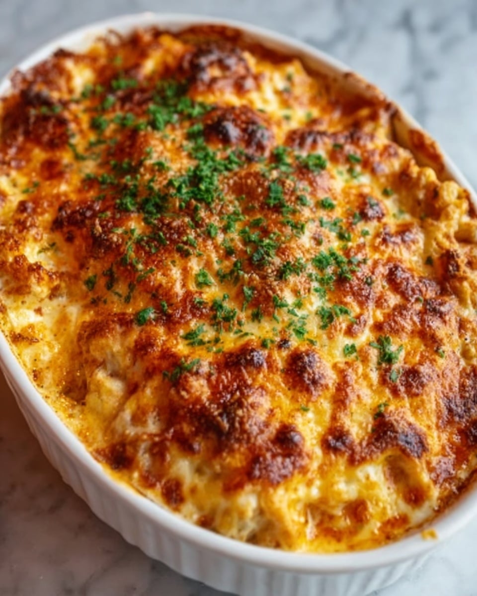 The image shows a white oval dish filled with a baked pasta layer. The top layer is golden brown and bubbly melted cheese with some crispy edges and sprinkled green herbs for garnish. Underneath the cheese, you can see a thick, rich tomato sauce mixed with cooked ground meat, giving a deep red-brown color and slightly chunky texture. The base layer is soft, yellow pasta that looks tender and well cooked. The dish sits on a white marble surface, and the overall look is warm, cheesy, and hearty. photo taken with an iphone --ar 4:5 --v 7