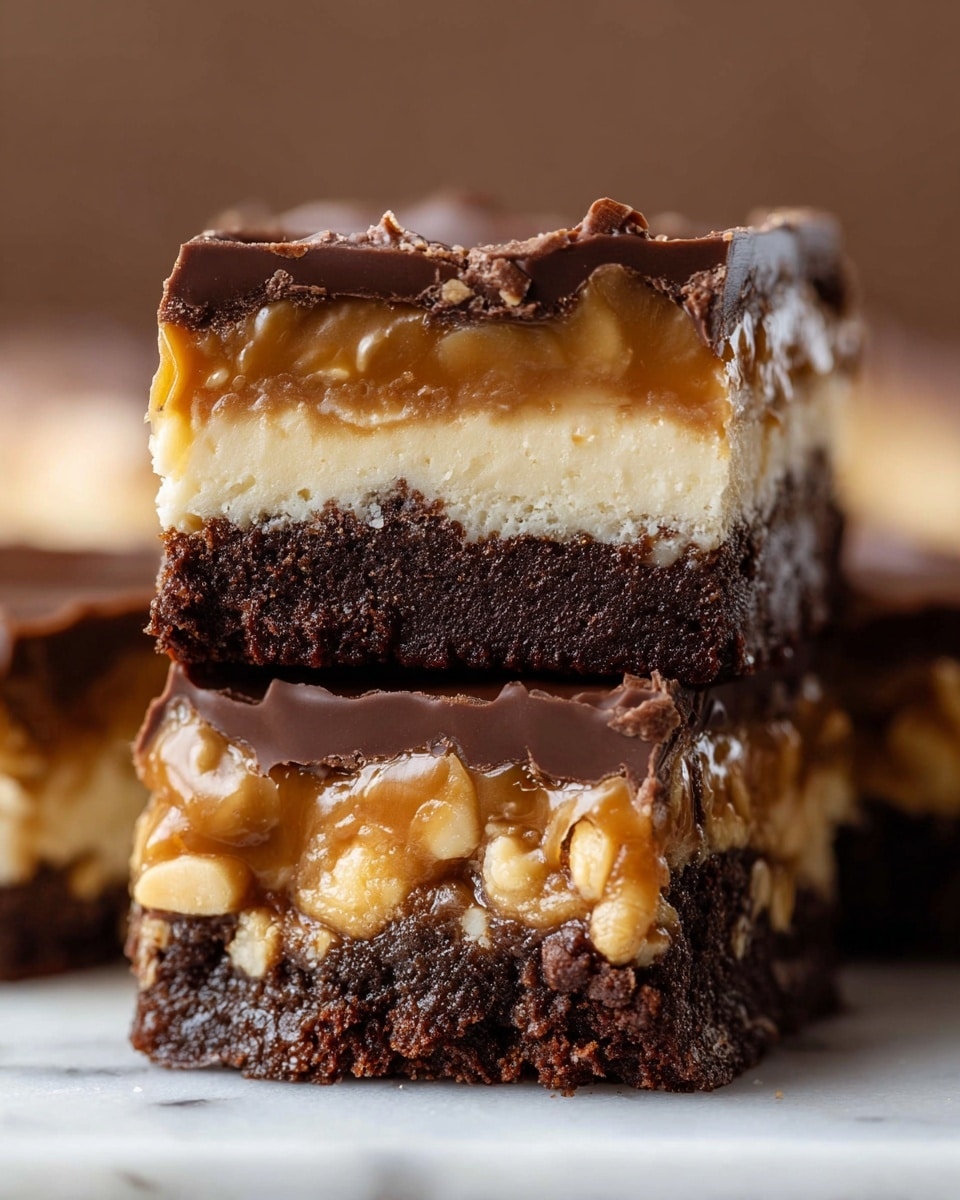 A close-up of a rich dessert bar with four distinct layers, starting from the bottom with a thick, dark brown, moist brownie layer. Above it is a creamy beige cheesecake layer with a slightly crumbly texture. The third layer is a glossy caramel mixed with peanuts, featuring a golden-brown color and smooth, sticky texture. The top layer is a solid, glossy, milk chocolate coating that is cracked slightly, giving a firm finish. The bars are placed on a white marbled surface with a blurred background. photo taken with an iphone --ar 4:5 --v 7