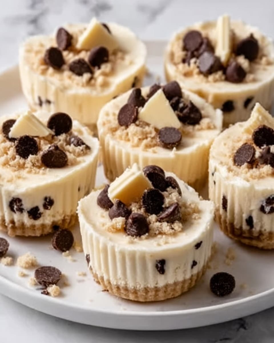 The image shows small round cheesecakes in white cupcake liners sitting on a white plate with subtle speckled details, placed on a white marble surface. Each cheesecake has two visible layers: the bottom layer is a dense crust with a light brown color and some dark spots, likely cookie crumbs, and the top layer is a creamy light beige cheesecake filling with chocolate chips embedded inside. On top of each cheesecake, there is a swirl of smooth cream in off-white, crowned with scattered small dark chocolate chips and some crumbled light brown bits around the edges. The lighting highlights the smooth texture and soft swirl patterns, creating an inviting look. Photo taken with an iphone --ar 4:5 --v 7