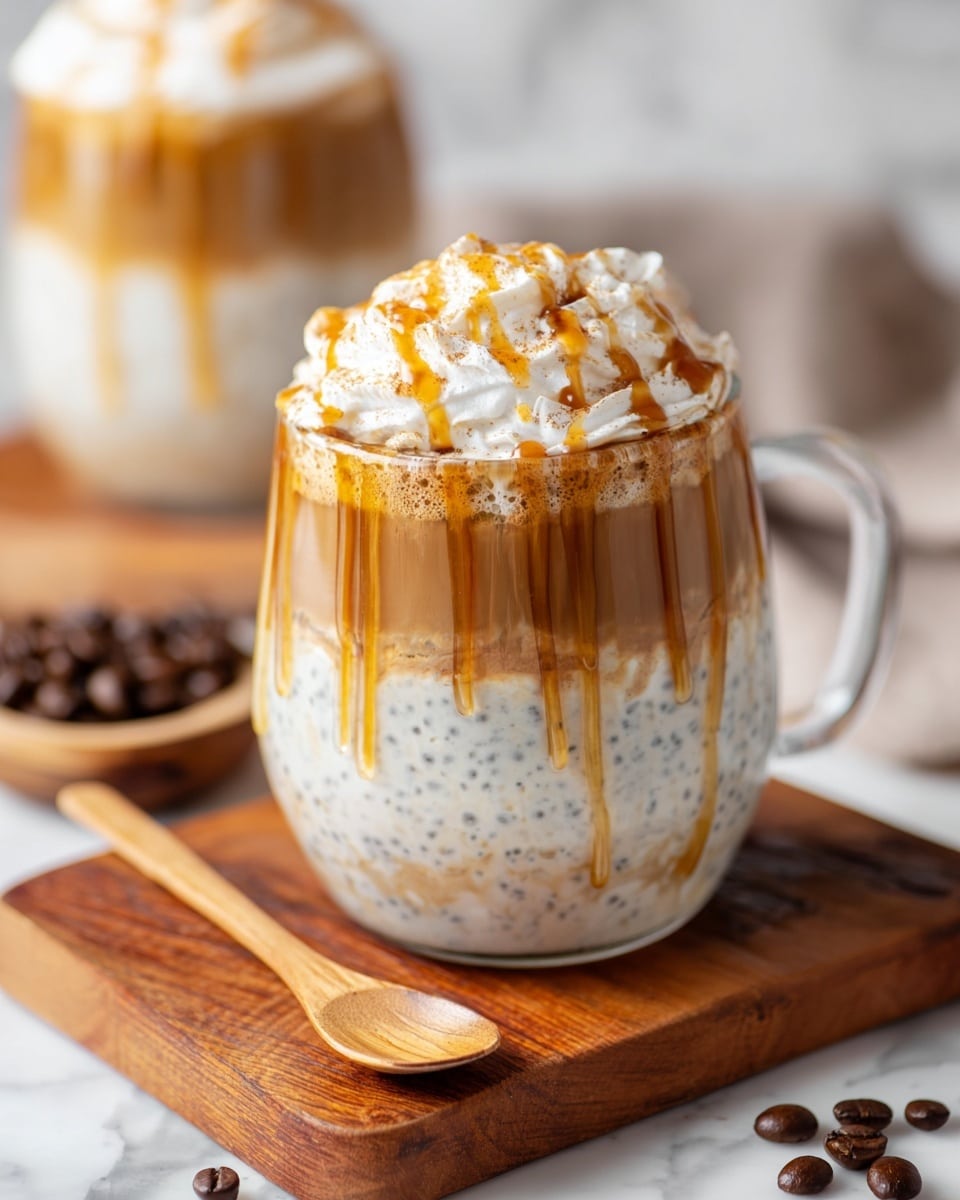 A clear glass cup filled with a layered drink sits on a wooden board. The bottom layer is creamy white with small dark specks, giving it a textured look, and there are streaks of golden caramel sauce running through it. Above this is a smooth, medium brown coffee layer, topped with a thick, fluffy white whipped cream layer sprinkled with a light dusting of cinnamon and drizzled with caramel sauce in wavy lines. Coffee beans are scattered around the wooden board, and a wooden spoon rests next to the glass. In the background, a second glass with the same drink can be seen slightly out of focus, all set on a white marbled surface. photo taken with an iphone --ar 4:5 --v 7