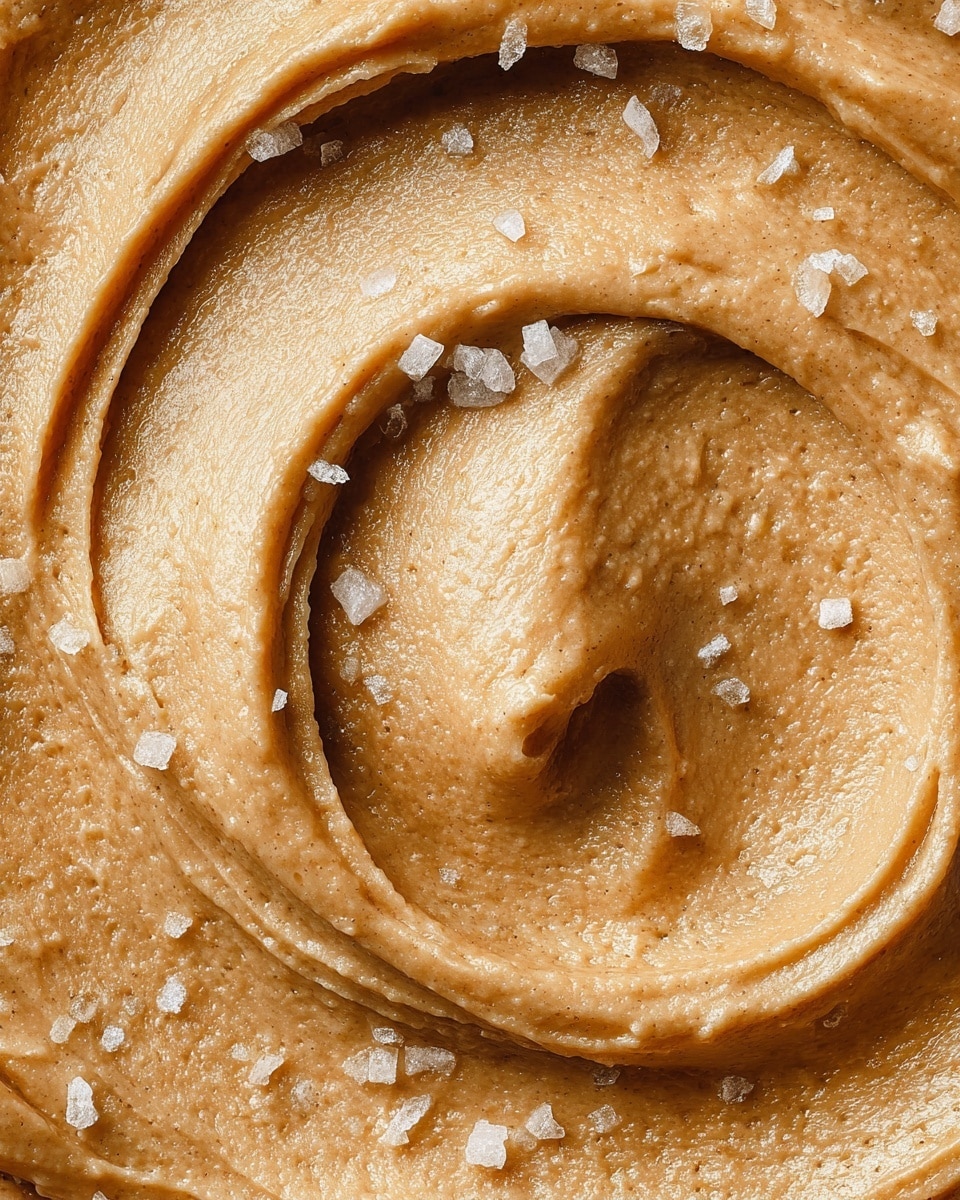 The image shows a close-up of a smooth, creamy light brown spread with a slightly glossy texture, swirled in a circular pattern. On top of the spread, there are small, shiny white salt flakes scattered unevenly, adding contrast and texture. The spread looks thick and rich with subtle granular details. The background is a white marbled texture. Photo taken with an iphone --ar 4:5 --v 7