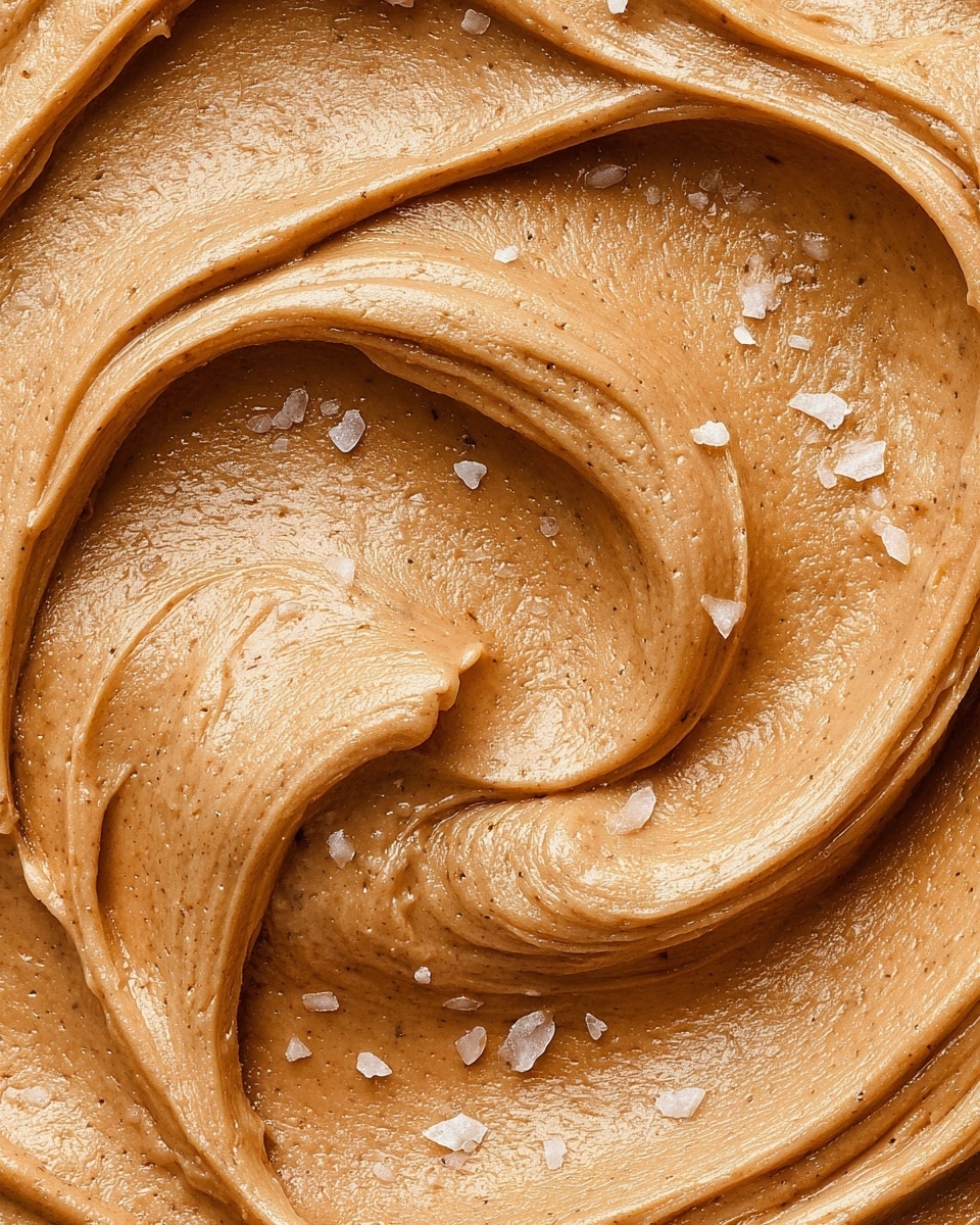 The image shows a close-up of a thick, creamy spread with a smooth, swirled texture in a warm light brown color. Scattered across the surface are small, translucent white flakes, giving a subtle contrast in texture and color. The spread appears rich and glossy with a soft, velvety feel. The background is a white marbled texture. photo taken with an iphone --ar 4:5 --v 7