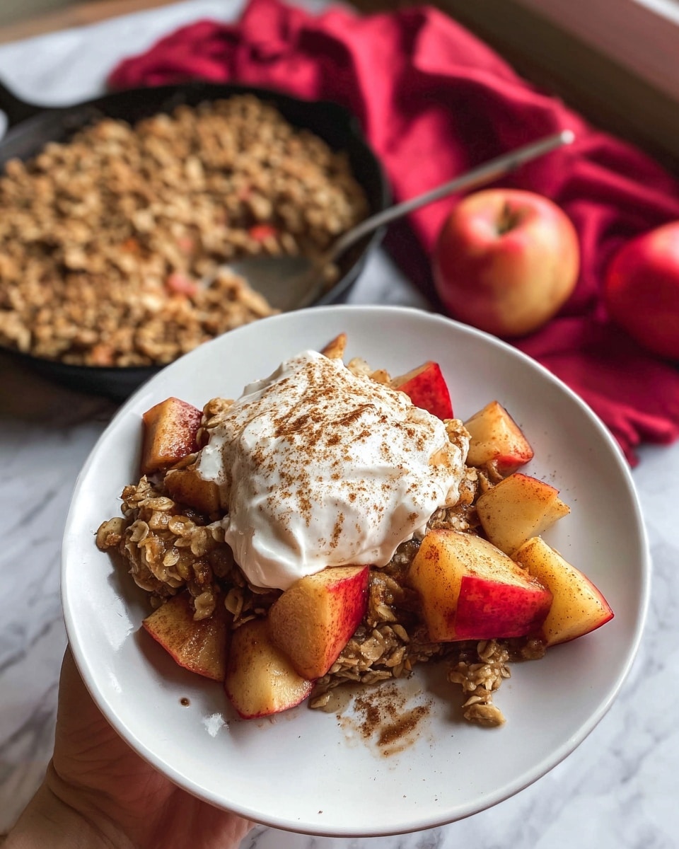 A white plate holds a serving of baked oatmeal with visible oats and a golden-brown crust as the bottom layer, topped with a generous dollop of thick, creamy white yogurt sprinkled with ground cinnamon. Around the yogurt and oatmeal are uneven chunks of roasted apple pieces, showing red skin and soft yellow flesh with a slightly caramelized texture and cinnamon dusting. The plate is held by a woman's hand, with a cast iron pan filled with more oatmeal and apple pieces in the blurred background, alongside a whole red apple and a soft red cloth on a white marbled surface. photo taken with an iphone --ar 4:5 --v 7