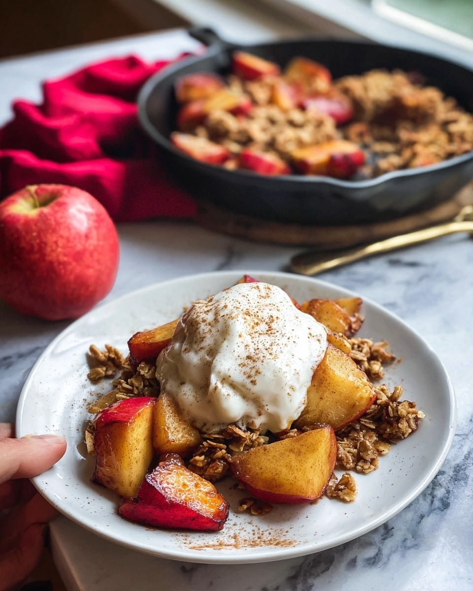 A white plate holds a serving of baked apple crumble topped with a large dollop of creamy white yogurt sprinkled with brown cinnamon powder. The crumble base is textured with oats, light brown in color, and scattered with soft, cooked apple chunks that are golden and red with a dusting of cinnamon. Surrounding the yogurt are larger, roasted apple pieces with a slightly charred, dark cinnamon coating, showing both red skin and pale yellow flesh. In the background, a black cast iron skillet contains more of the same apple crumble with a center heap of roasted apples. A red apple and a red cloth sit near the skillet, all set on a white marbled surface by a window. A woman's hand is visible holding the plate. photo taken with an iphone --ar 4:5 --v 7