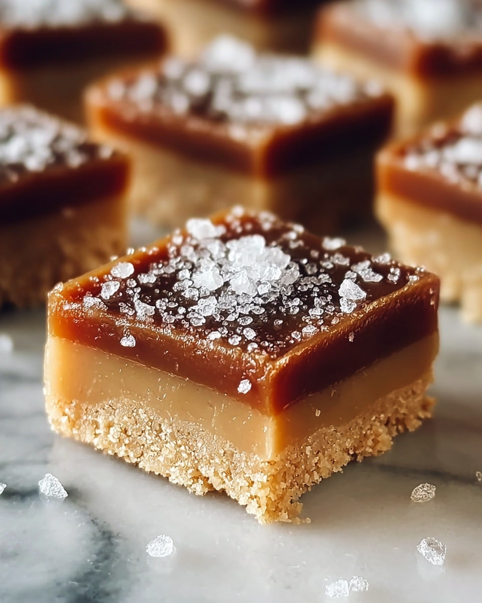 The image shows a close-up of square caramel bars arranged on a white plate. Each bar has three visible layers: a bottom crumbly light beige crust, a thick middle caramel layer with a rich dark brown color and glossy texture, and a top smooth caramel layer of a lighter tan shade. The top caramel layer is sprinkled with coarse white sea salt crystals that catch the light, creating a textured contrast against the smooth caramel. The plate sits on a white marbled surface, and a few crumbs and salt crystals are scattered around the bars. Photo taken with an iphone --ar 4:5 --v 7