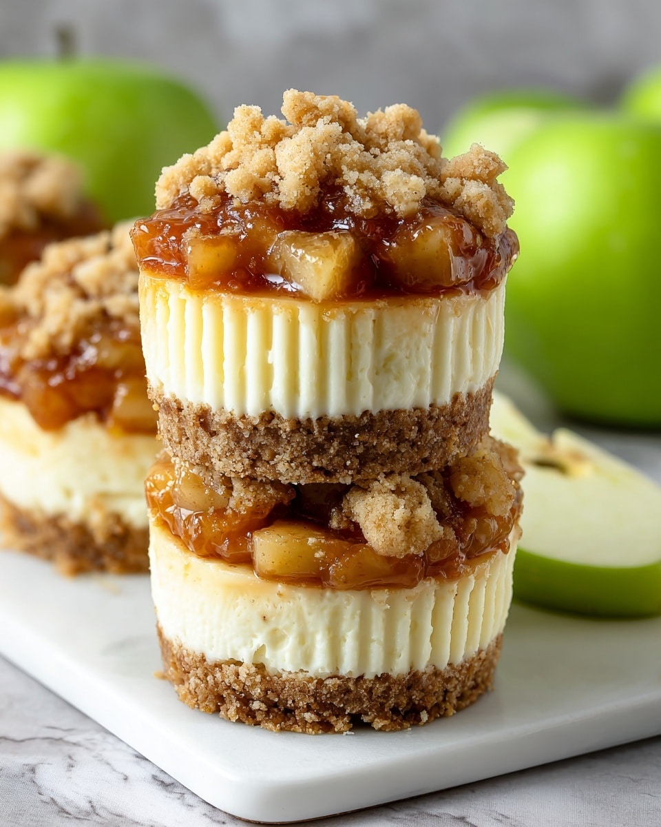 The image shows two mini cheesecakes stacked on top of each other on a white plate with a white marbled texture background. Each cheesecake has four layers: the bottom layer is a crumbly, light brown crust; above it is a smooth, creamy, pale yellow cheesecake layer with a slightly ridged texture around the edges; the next layer is a glossy, caramel-colored apple filling with visible chunks of cooked apple; and the top layer is a crumbly streusel topping with a light beige color and rough texture. There are whole green apples blurred in the background and a slice of green apple on the side of the plate. Photo taken with an iphone --ar 4:5 --v 7