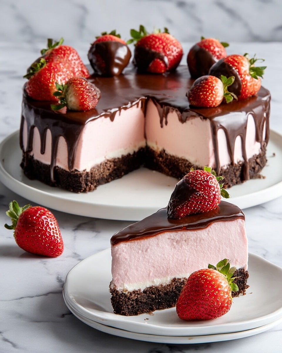 A round cake with three visible layers sits on a white plate against a white marbled background; the bottom layer is a dark brown crumbly crust, the middle layer is a thick, smooth, light pink mousse-like filling, and the top layer is a glossy dark chocolate ganache that drips down the sides. Whole red strawberries with green leaves are placed on top of the cake, along with dollops of chocolate cream. One slice of the cake is cut and placed on a separate white plate in the front, showing the same layers clearly, with a strawberry on the plate next to the slice. Photo taken with an iphone --ar 4:5 --v 7
