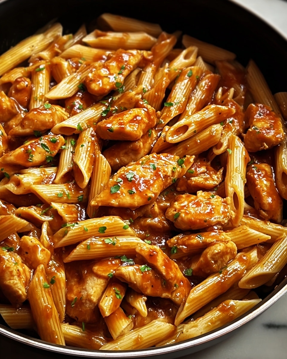A close-up image of cooked penne pasta mixed with pieces of chicken, all coated in a thick, glossy reddish-brown sauce, spread evenly throughout. The pasta is pale yellow with ridged texture, and the chicken pieces are light golden brown with a slightly glossy surface from the sauce. Small bits of green herbs are sprinkled lightly on top and throughout the dish. This is all served inside a black pan, placed on a white marbled surface. photo taken with an iphone --ar 4:5 --v 7