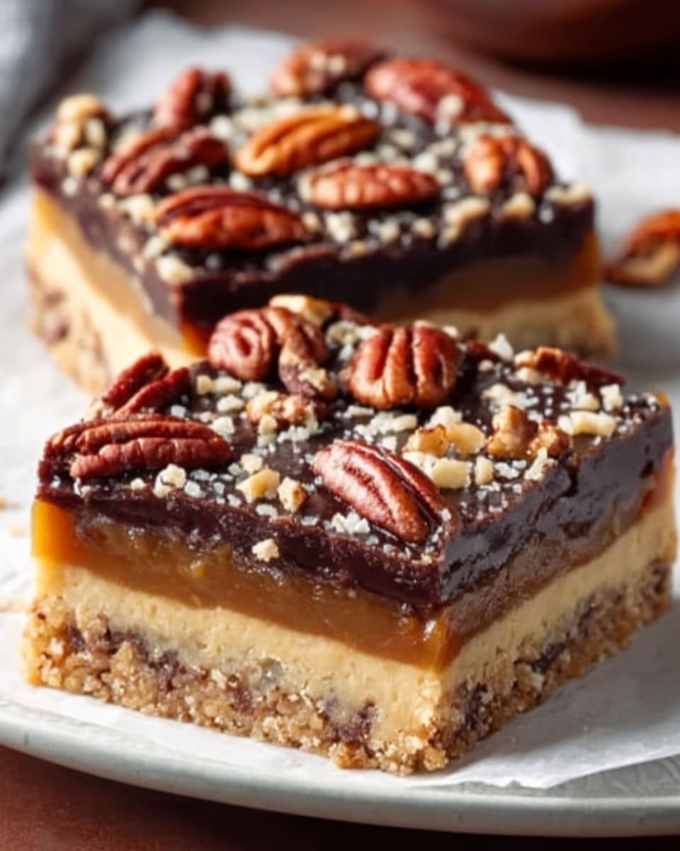 The image shows a close-up of two square chocolate pecan bars on a white rectangular plate with a white marbled surface underneath. The bars have three clear layers: a bottom layer of crumbly golden brown crust, a middle layer of smooth caramel with a shiny light brown color, and a top layer of rich dark brown chocolate. The chocolate layer is decorated with whole pecans and smaller broken pecan pieces scattered evenly across the surface. The overall texture looks soft and gooey with a slight crunch from the nuts. photo taken with an iphone --ar 4:5 --v 7