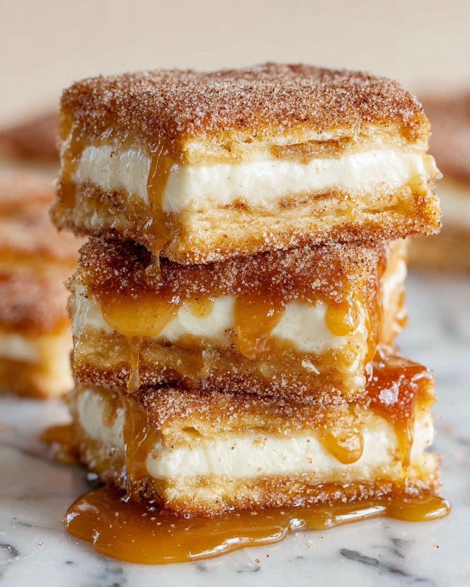 A close-up view of three stacked square layered pastries, each with three visible layers: the top and bottom layers are golden brown, crisp, and dusted generously with cinnamon and sugar, while the middle layer is creamy and white, appearing soft and smooth. The top pastry has caramel sauce dripping down the side adding a glossy texture. The pastries are placed on a white marbled surface, with a small caramel pool near the base, highlighting the sweet and rich elements of the treat. Photo taken with an iphone --ar 4:5 --v 7